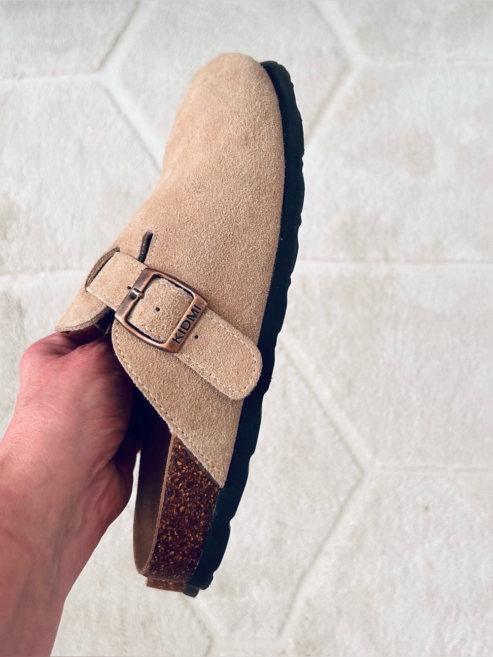 Women's Taupe Suede Slip-On Clogs with Buckle - Picture 4 of 7